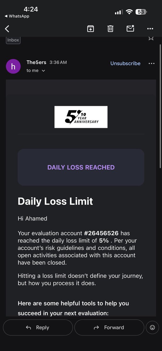 PropFirmsGuru's tweet photo. Scam alert ⚠️ @The5ersTrading scam exposed⬇️

trader @Ajas_FX is seeking a transparent explanation from The5ers after a $100K evaluation account was terminated over an alleged daily-loss breach.

The trader opened one WTI BUY position near 100.17 with a stop loss near 98.60, equating to roughly 1% risk.

After the market reopened above 102, the trade later reached take-profit for approximately +3%.

The5ers reported that their midnight MT5 snapshot showed an unrealized loss of about -$4,907 and closed the account for exceeding the 5% daily loss limit.

The recorded figure does not match the price action.
At the time of the snapshot the market traded above the entry and remained far from the stop.

Even a full stop-out would have produced only about 1% loss, not nearly 5%.

The trader asked The5ers for the exact MT5 price, Bid/Ask, timestamp, and P&L formula behind the -$4,907 number.

A response arrived after roughly 30 hours, yet the calculation itself has still not been explained.

Because the account was already closed, the trader also forfeited the later +3% profit when price hit the original take-profit.

Trade screenshots, price charts, and The5ers’ reply are available. Support ticket: X5VPY2.

The trader is asking The5ers to release the precise snapshot data and calculation that produced the stated loss, or to account for the gap between that figure and the actual market price.

Independent examination of the ticket and evidence would help establish whether this was a platform error or an unexplained account closure.

@SaulThe5ers 
@TheTrustedProp 
@PropFirmMatch