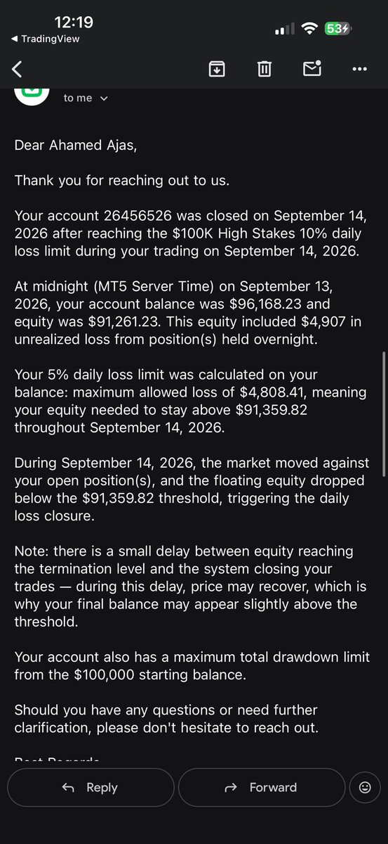 PropFirmsGuru's tweet photo. Scam alert ⚠️ @The5ersTrading scam exposed⬇️

trader @Ajas_FX is seeking a transparent explanation from The5ers after a $100K evaluation account was terminated over an alleged daily-loss breach.

The trader opened one WTI BUY position near 100.17 with a stop loss near 98.60, equating to roughly 1% risk.

After the market reopened above 102, the trade later reached take-profit for approximately +3%.

The5ers reported that their midnight MT5 snapshot showed an unrealized loss of about -$4,907 and closed the account for exceeding the 5% daily loss limit.

The recorded figure does not match the price action.
At the time of the snapshot the market traded above the entry and remained far from the stop.

Even a full stop-out would have produced only about 1% loss, not nearly 5%.

The trader asked The5ers for the exact MT5 price, Bid/Ask, timestamp, and P&L formula behind the -$4,907 number.

A response arrived after roughly 30 hours, yet the calculation itself has still not been explained.

Because the account was already closed, the trader also forfeited the later +3% profit when price hit the original take-profit.

Trade screenshots, price charts, and The5ers’ reply are available. Support ticket: X5VPY2.

The trader is asking The5ers to release the precise snapshot data and calculation that produced the stated loss, or to account for the gap between that figure and the actual market price.

Independent examination of the ticket and evidence would help establish whether this was a platform error or an unexplained account closure.

@SaulThe5ers 
@TheTrustedProp 
@PropFirmMatch