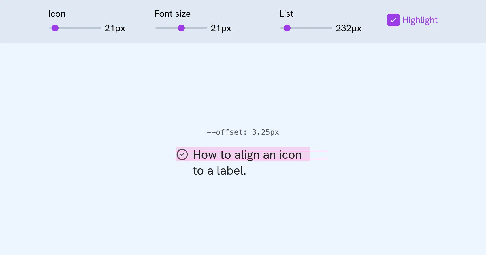 A screenshot from one demo shows controls for icon, font and list. In the middle, there is a checkmark icon next to "How to align an icon to a label".