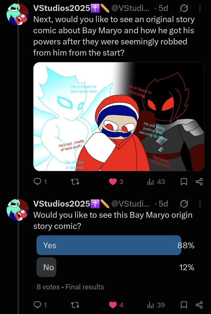 VStudios_2025's tweet photo. It appears the results are in...

However, there are a couple more questions I would like to ask you, via a couple more polls

👇(Polls below)👇

#OCㅤㅤ #digitalartㅤㅤㅤㅤ #PollOfTheDay https://t.co/WpFDxqqtNZ