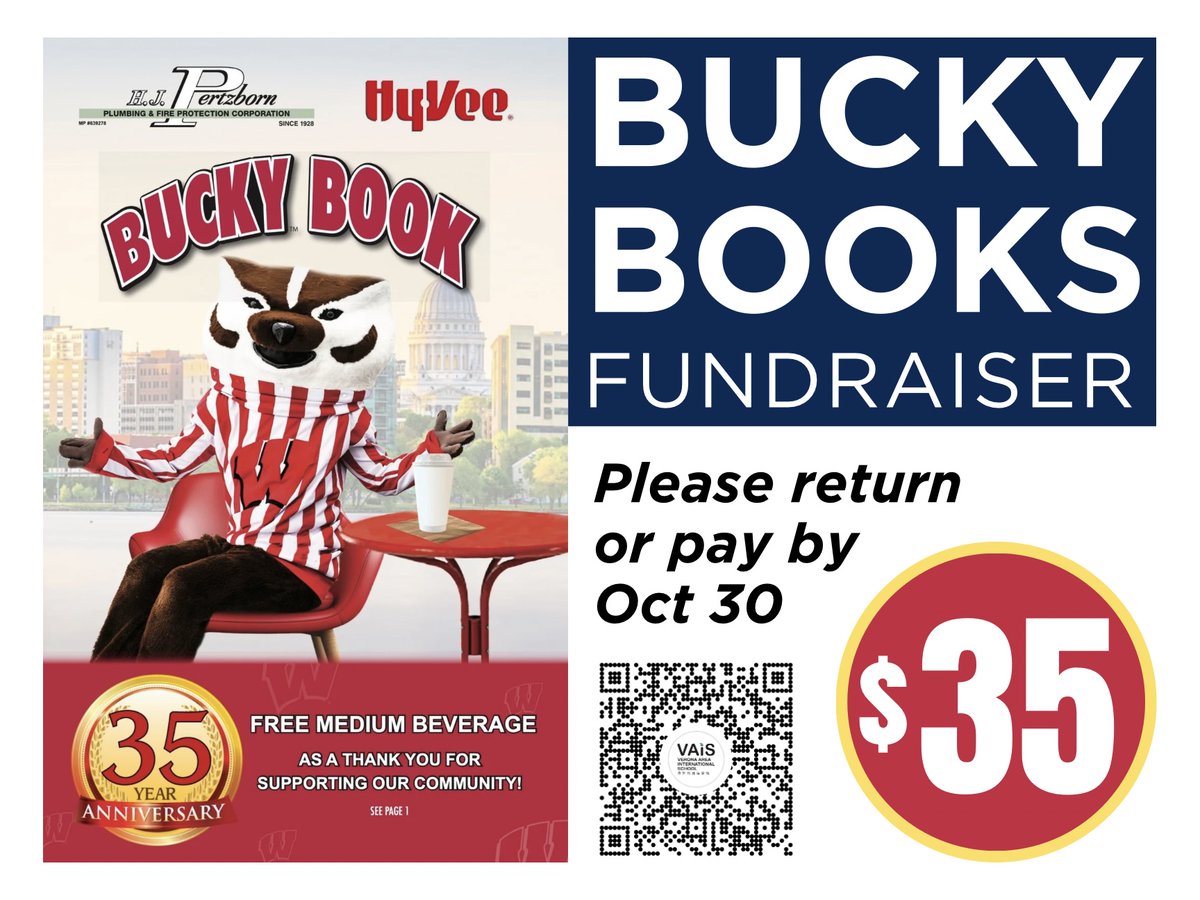 VAISchool's tweet photo. FRIENDLY REMINDER to please return the Bucky Book or send in your payment on or before October 30th. Payment can be made via:
- Cash
- Check* payable to “VAIS Foundation”
- Venmo* to @vais-treasurer
*Please note that payment is for Bucky Book + student's name. @BuckyBook https://t.co/ag3aGqL70x