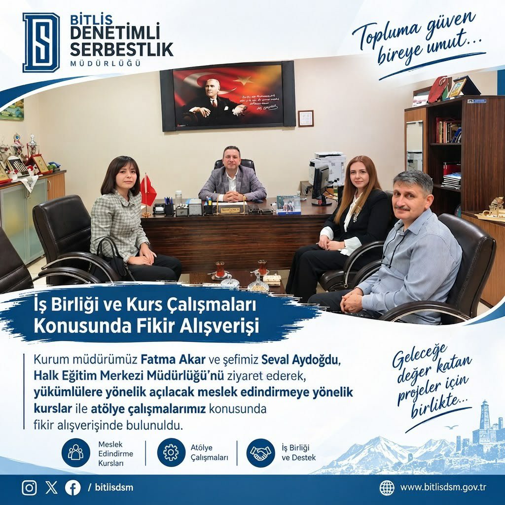 BitlisDSM's tweet photo. Kurum Müdürümüz Fatma Akar ve Şefimiz Seval Aydoğdu, Bitlis Halk Eğitim Merkezi Müdürü Ümit Yılmaz’ı ziyaret etti.

Görüşmede, yükümlülere yönelik açılacak meslek edindirmeye yönelik kurslar ile atölye çalışmalarımız konusunda fikir alışverişinde bulunuldu.

#DenetimliSerbestlik https://t.co/Iz5tQ1ScwE