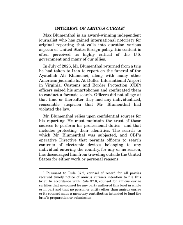 kattnotwilliams's tweet photo. New amicus brief on behalf of journalist Max Blumenthal. The ADC is asking SCOTUS to take up the case Anibowei v. Blanche and establish clear national rules for border searches of electronic devices: 

Filing: https://t.co/QqhaQIe7LB #SCOTUS #bordersearches #fourthamendment