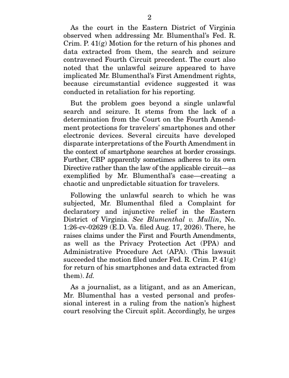 kattnotwilliams's tweet photo. New amicus brief on behalf of journalist Max Blumenthal. The ADC is asking SCOTUS to take up the case Anibowei v. Blanche and establish clear national rules for border searches of electronic devices: 

Filing: https://t.co/QqhaQIe7LB #SCOTUS #bordersearches #fourthamendment