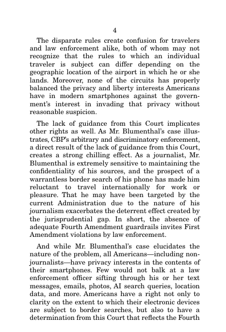 kattnotwilliams's tweet photo. New amicus brief on behalf of journalist Max Blumenthal. The ADC is asking SCOTUS to take up the case Anibowei v. Blanche and establish clear national rules for border searches of electronic devices: 

Filing: https://t.co/QqhaQIe7LB #SCOTUS #bordersearches #fourthamendment