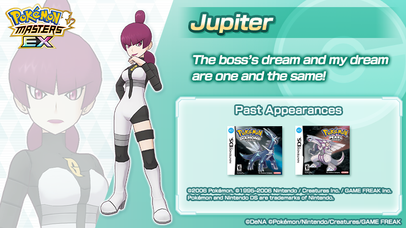PokemonMasters's tweet photo. Let’s take a look at the long-awaited Jupiter! 📝

A commander of Team Galactic, a villainous organization. She has a mysterious air about her and doesn’t pull any punches. She’ll do whatever it takes to achieve her goals.

#PokemonMasters https://t.co/Q8nVu3FABj