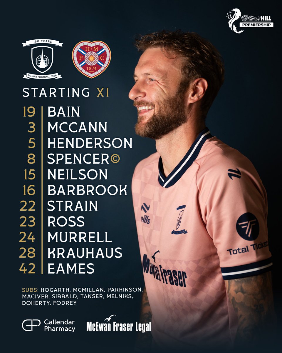FalkirkFC's tweet photo. 🆚 Here's how we line up to face Hearts.

💪 Same eleven start 
🩼 Sibbald makes the bench 

🤝 Line-up sponsored by Callendar Pharmacy. https://t.co/k1axT6eAVr