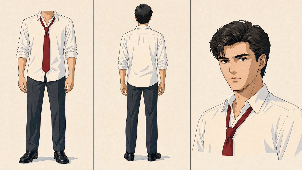 maveneditz's tweet photo. Meet Kai.

Same man, two universes.

He starts out in 90s cel anime. Shirt loose, tie pulled down, nobody in his life impressed. Then he gets sent somewhere he wasn't meant to go, and the world stops being drawn the way he is.

Claymation is where the dust starts. Every mark he picks up stays on him for the rest of the film. That shirt never gets clean again.

Six animation styles. One character. One short film.

DM me "prompts" and I'll send you the full claymation and 90s cel anime sheets.