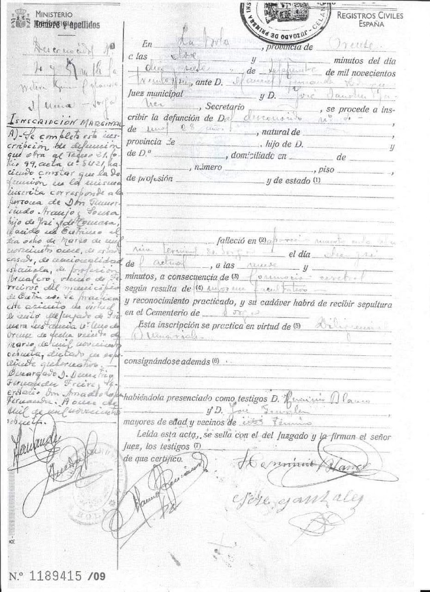 CMHVL1936_'s tweet photo. ℹ️[Informacom importante]
GUMERSINDO ARAÚJO SOUSA 'REQUICHO'
👉Até há meses considerávamos que 15.9.1936 tinha sido executado o jornaleiro e canteiro Gumersindo Araújo Sousa, conhecido como 'Requicho', no km 18 estrada de Ginzo a Cela Nova, no alto do Furriolo, concelho da Bola. https://t.co/Zqsl1iJhqa