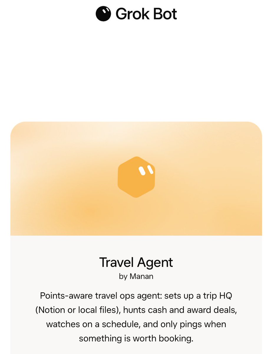 manan_suneja's tweet photo. Travel Agent for Grok — find the best flight deals  

- searches cash and award options across sites 
- compares points vs cash (based on your credit cards) 
- organizes trip in your workspace (Notion or local files) - quietly monitors on a schedule 
- pings only when something is worthwhile   

Clone it here: https://t.co/nVQaSCSgpW 

Example below helping me plan my Japan trip quietly in the background. Pings me when it finds something worth looking at.
