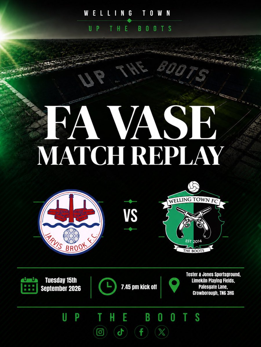 WellingTownFC's tweet photo. π FA VASE MATCH REPLAY π
Tonight we face @JARVISBROOKFC as we battle for a place in the next round of the competition. π’β«οΈ
π Tester & Jones Sportsground
β° 7:45PM KO
Your support matters. See you there.
UP THE BOOTS π’β«οΈ
#WellingTownFC #UpTheBoots #FAVase #NonLeague https://t.co/sdRF0H8xzk