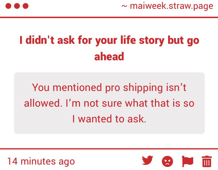 mai__week's tweet photo. Thank you for this gimmick!
Depending on where you stand on the matter there are different definitions but generally it’s the idea that dark, taboo and unconventional dynamics can be explored in shipping for example, incest. We want to make this week comfortable for everyone + https://t.co/XNz9NaUoeR
