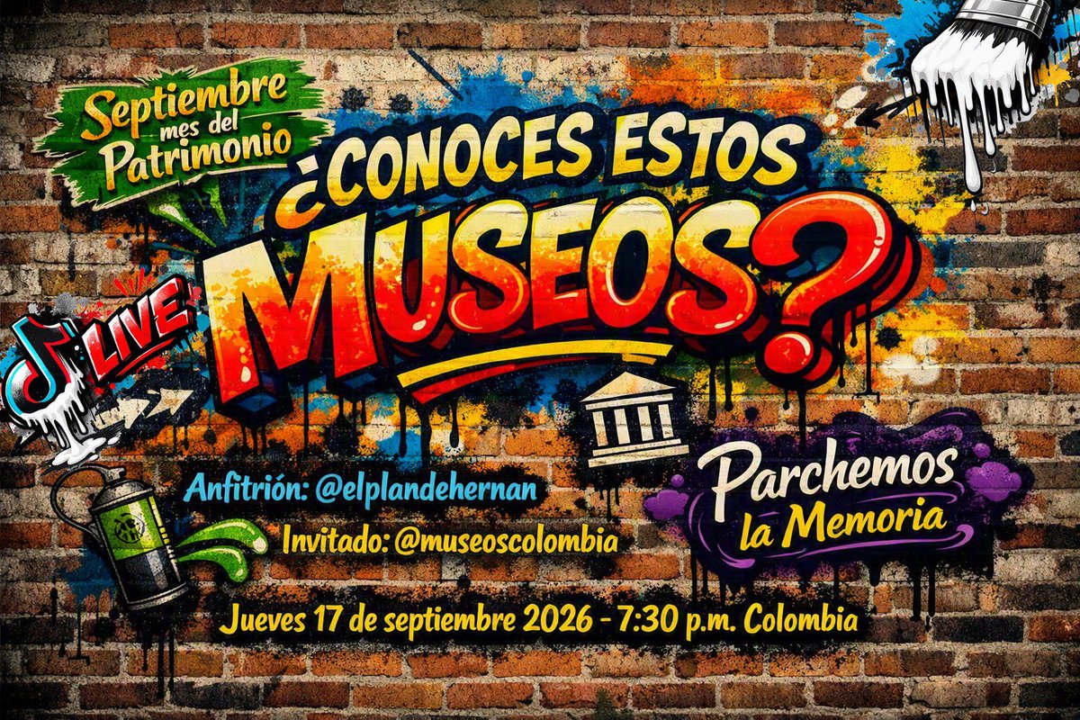 MuseosColombia's tweet photo. @elplandehernan nos invitó a un Live por la red Tiktok, este jueves 17 de septiembre a las 7:30 p.m. Hablaremos de museos y patrimonio.
Invitación a @todos https://t.co/MQN09V2MOh