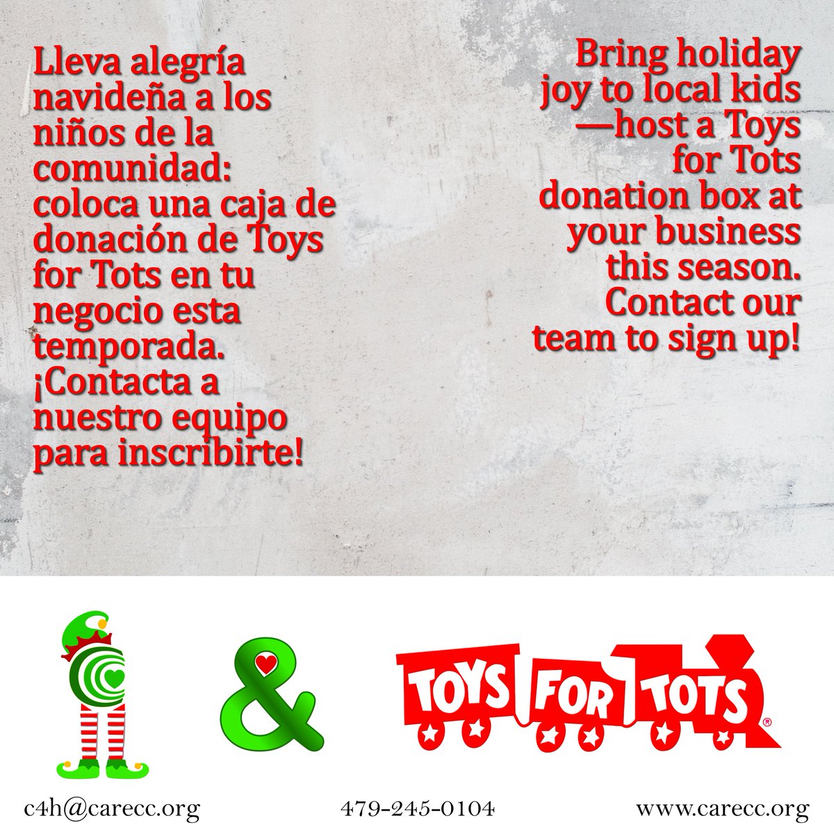 CAREccorg's tweet photo. Bring holiday joy to local kidsโhost a Toys for Tots donation box at your business this season. Contact our team to sign up!
#ToysForTots #LocalSupport #NWA https://t.co/RSCfeskqEM