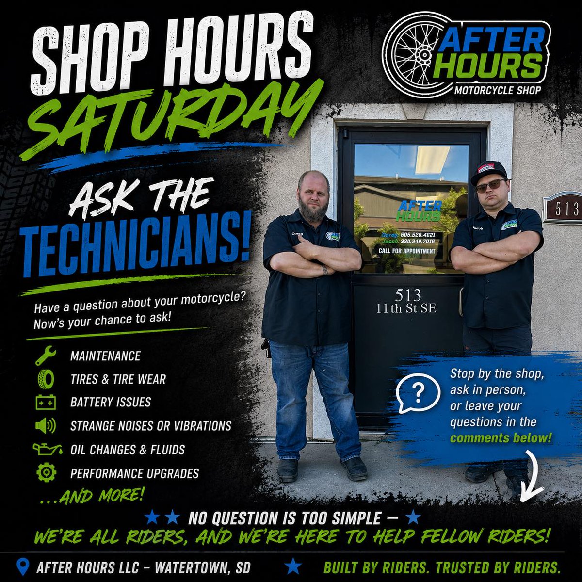 thafagundes12's tweet photo. SHOP HOURS SATURDAY: ASK THE TECHNICIANS

Have a motorcycle question? Ask us about maintenance, tires, batteries, noises, oil changes, upgrades, and more. Stop by or comment below—Corey and Jacob are here to help. https://t.co/SloZCFoWBC