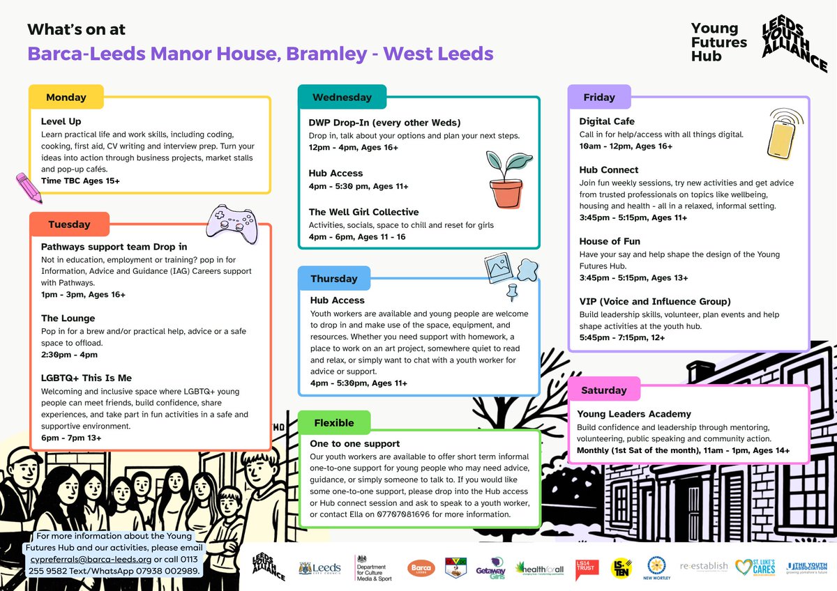 BARCALeeds's tweet photo. Looking for something new to do? 🎉

If you're aged 10 to 18 (or up to 25 with SEND), our latest Young Futures Hub timetables are packed with activities in venues across Leeds.

📅 Check out the timetables and find what’s happening near you.

#LeedsYouthAlliance https://t.co/NUAvxJtKsV