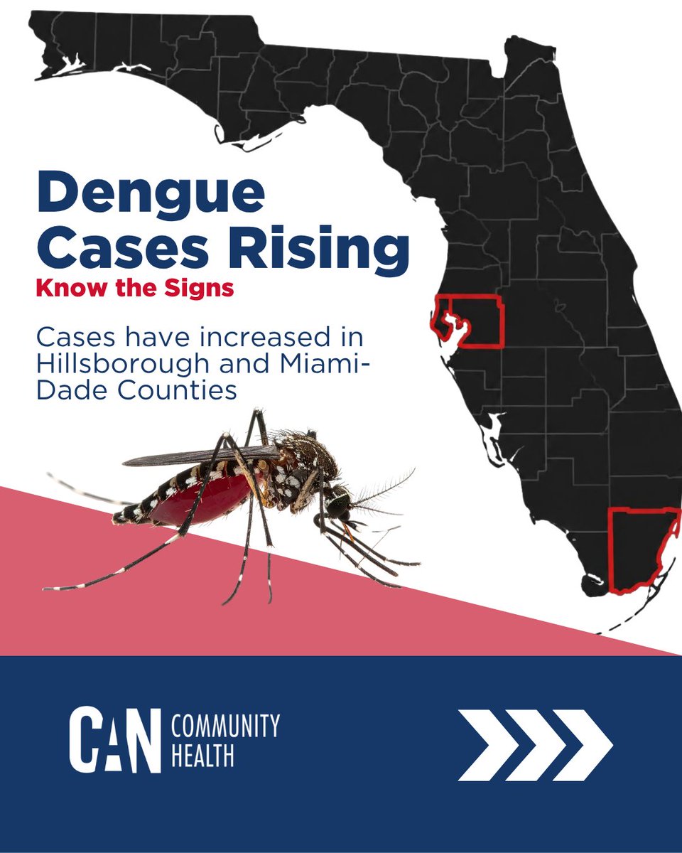 CANCommHealth's tweet photo. Dengue is rising in Hillsborough and Miami-Dade.🦟 Watch for symptoms and talk to your doctor.✅Use repellent, cover up, and remove standing water. Save and share! #Dengue #HillsboroughCounty #MiamiDade #PublicHealth #CANCommunityHealth https://t.co/OWZt6DSZAm