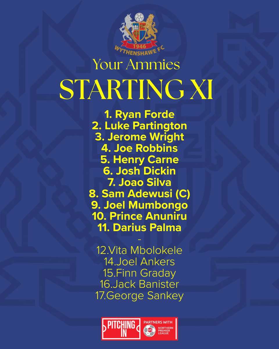 WythenshaweFC's tweet photo. STARTING XI
Hereโs how the Ammies line up for tonightโs fixture away at @StalyCelticFC
Kick-off is at 7:45pm at Bower Fold.
#WythenshaweFC #UpTheAmmies #NPLWest https://t.co/rMiSj8mmKi