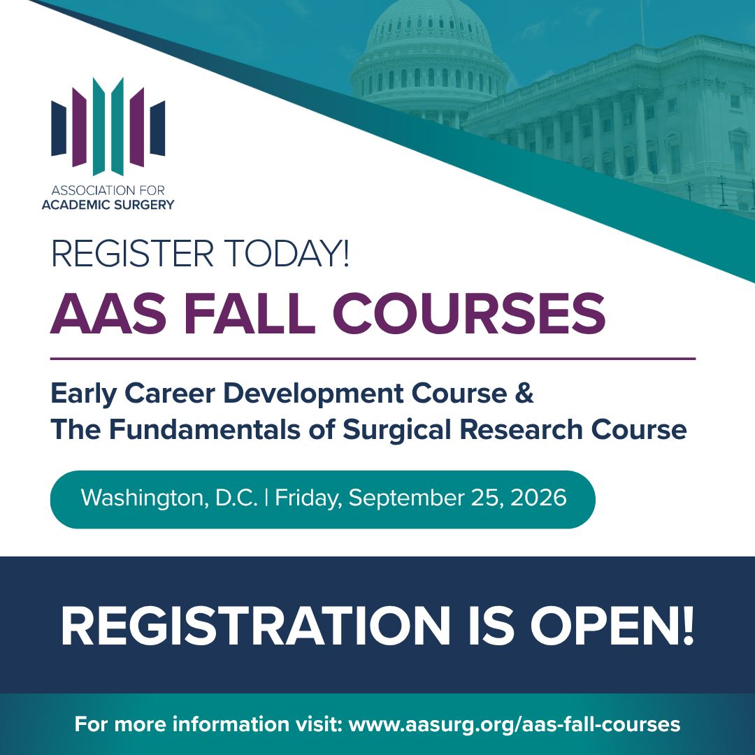 AcademicSurgery's tweet photo. We're less than 2 weeks away from the AAS 2026 Fall Courses. Don't miss out!

Spend a full day investing in your academic surgery career in Washington, D.C. on September 25, right before the ACS Clinical Congress. Choose the Fundamentals of Surgical Research Course or the Early Career Development Course, depending on where you are in your path.

Register today: https://t.co/3TpOeeoZ60