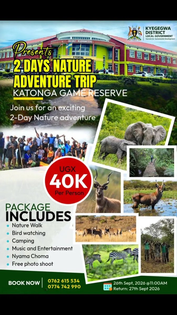 AlexBisanga's tweet photo. 2-Day Nature Adventure Trip to Katonga Game Reserve! 🐘🦓
26th–27th September 2026
UGX 40,000 per person
Enjoy nature walks, bird watching, camping, music, nyama choma and a free photo shoot Meals and Drinks
📞 Book now: 0762 615 534 / Whatsapp 0774 742 990. #KNM https://t.co/uxh53b6qC4