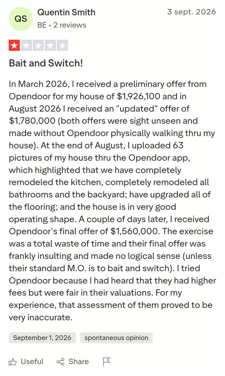 maelan_sdmr's tweet photo. $OPEN Customer Experience 

"I tried Opendoor because I had heard that they had higher fees but were fair in their valuations. For my experience, that assessment of them proved to be very inaccurate." https://t.co/YZXqsm0PU9