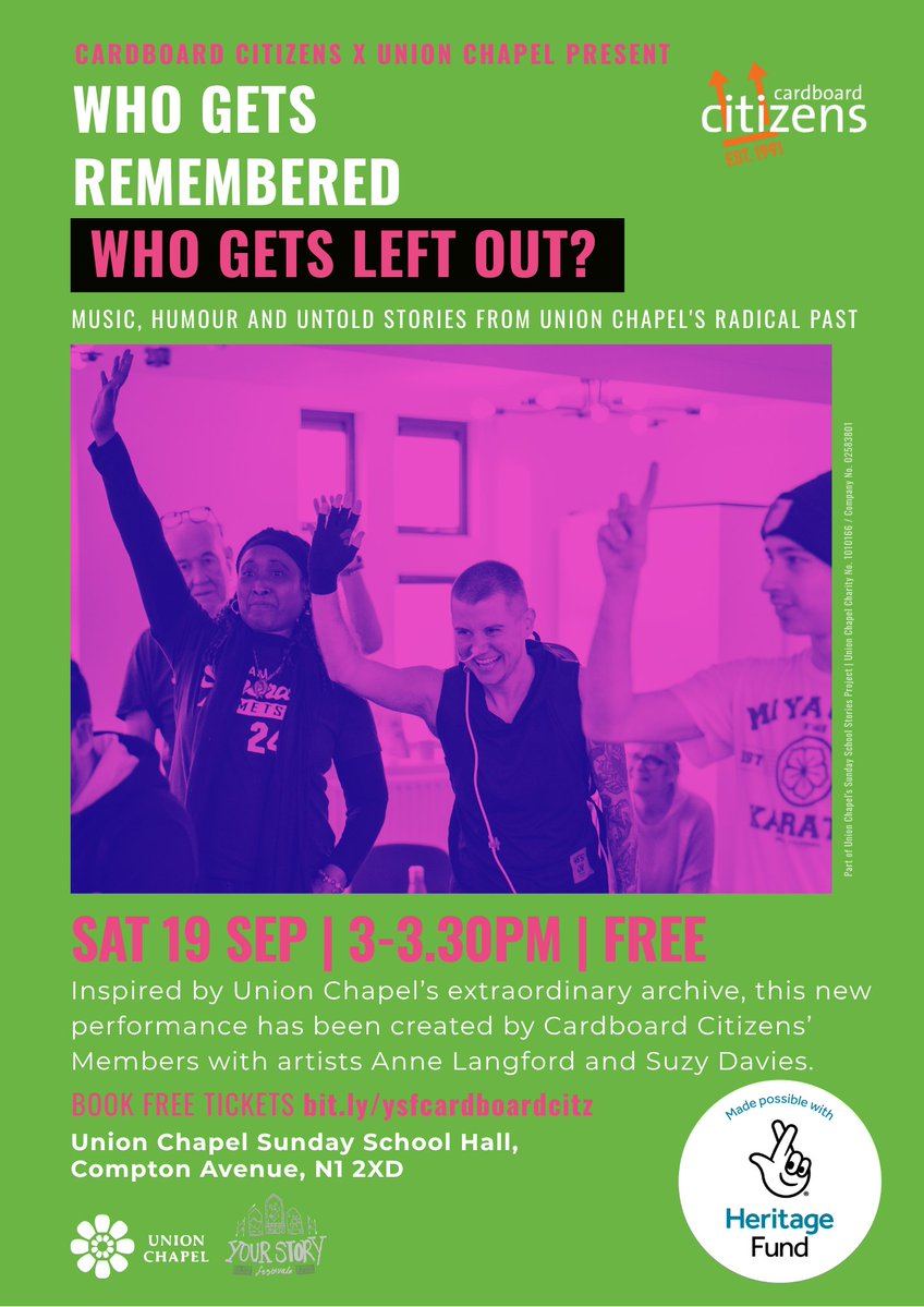 UnionChapelUK's tweet photo. WHO GETS REMEMBERED - AND WHO GETS LEFT OUT?
Sat 19 Sep *FREE*
Music, humour &amp; untold stories of Union Chapel's radical past in this theatre performance created by Cardboard Citizens’ Members with artists Anne Langford &amp; Suzy Davies.

Book free tickets at https://t.co/wmDmwl7HRJ https://t.co/PgJtnxDpso
