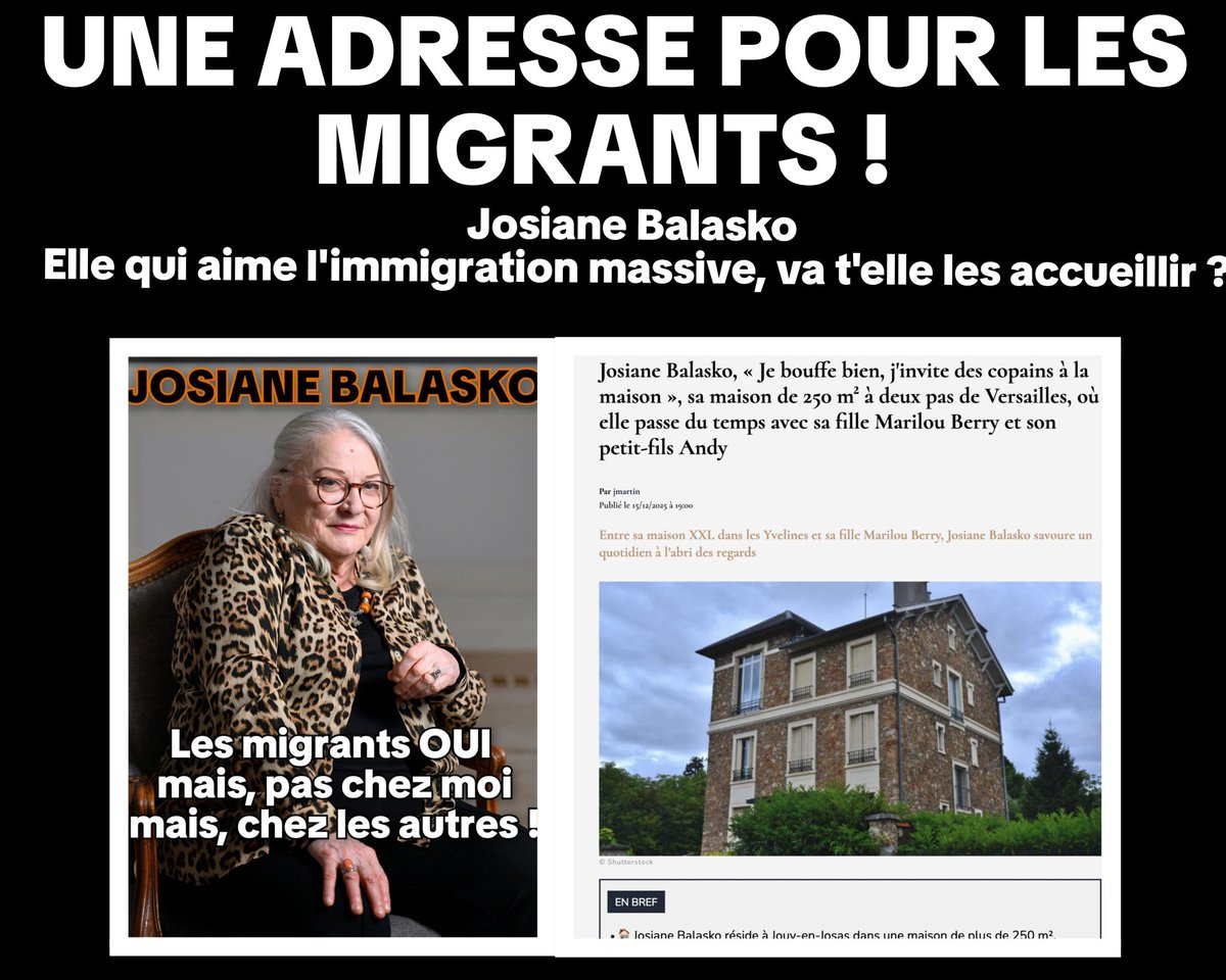 GaudinDesi746's tweet photo. 👎Josiane Balasko👎
défend l'arrivée massive de migrants mais, n'en a jamais hébergé un seul dans son somptueux hôtel particulier à Paris ! 

À la gauche,si sincère,si généreuse, pour eux les Français🇫🇷sont raciste ! 

 ALORS, POURQUOI ? 
Prennent ils pas des migrants chez eux ? https://t.co/ZYDXmkRawm