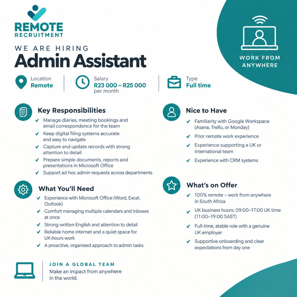 CarolBoitumelo1's tweet photo. 📌Remote Admin Assistant 

Remote Recruitment is Hiring 

💰 R23,000 - R25,000 monthly 
🏠 Fully remote — work from anywhere in SA
⏰ UK hours (11am–7pm SAST)
✅ No degree required — just admin/office experience + good English

If you're organized, reliable, and tired of commuting to a job that pays less than this... this one's for you.

📌 Apply here: https://t.co/IwnbvsjpRT