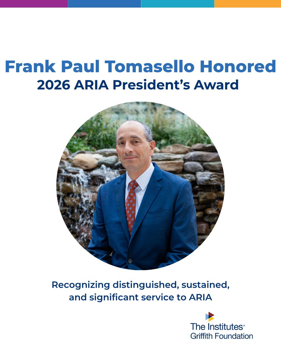 TheInstitutes_'s tweet photo. The Institutes congratulate Frank Paul Tomasello, Executive Director of The Institutes Griffith Insurance Education Foundation, on receiving the 2026 American Risk and Insurance Association (ARIA) President's Award.

#ARIA2026 https://t.co/wxp6bCib7K