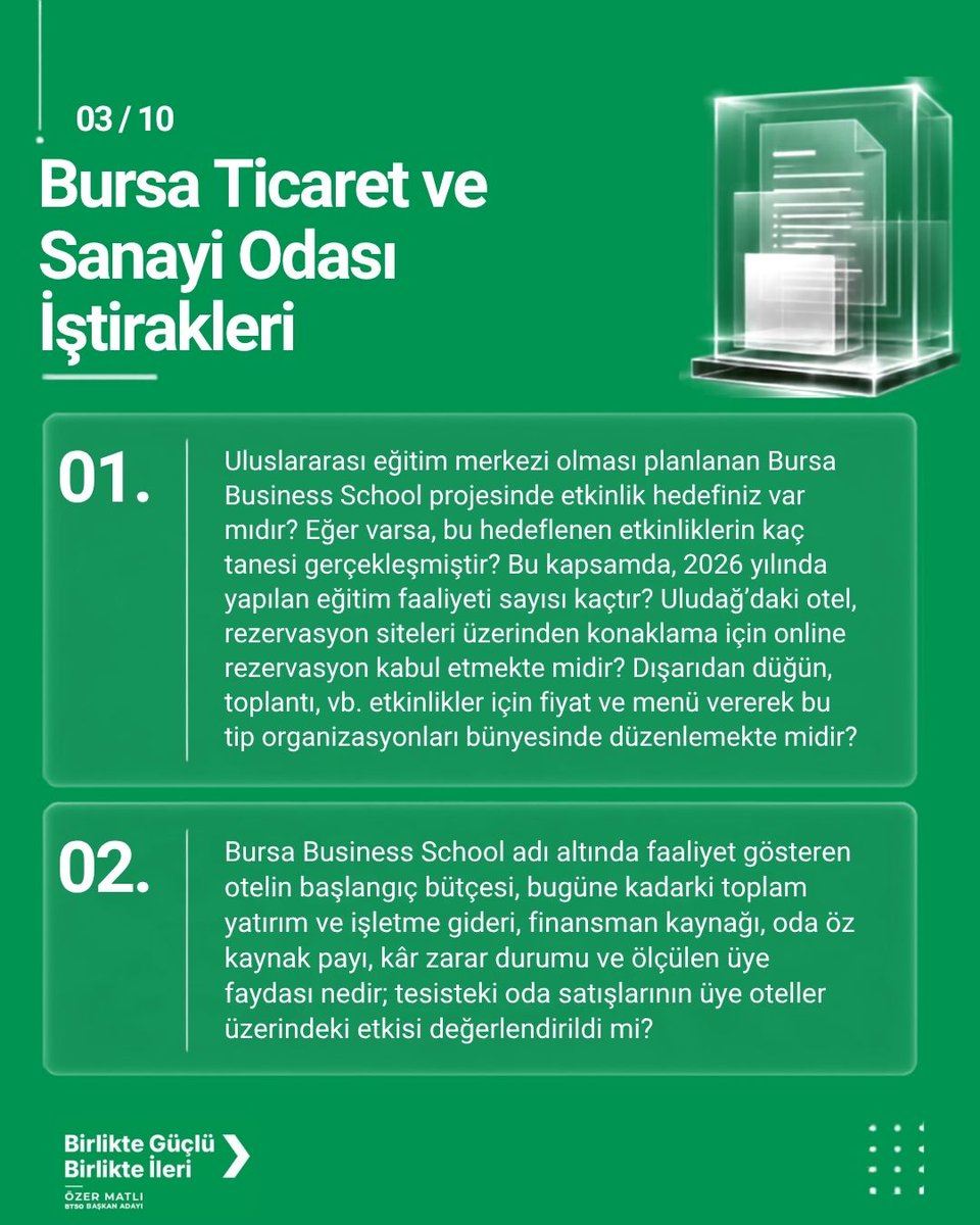 OzerMatl's tweet photo. Bursa Ticaret ve Sanayi Odası Yönetim Kurulu’na 4982 sayılı Bilgi Edinme Kanunu kapsamında sorulan 60 bin üyenin soruları!

Soruyu soranı değil, soruyu konuşmanın zamanı.

#BTSO #BursaTicaretveSanayiOdası #ÖzerMatlı #60BinÜye #ŞimdiCevapVermeZamanı https://t.co/jvKGYpi0dM