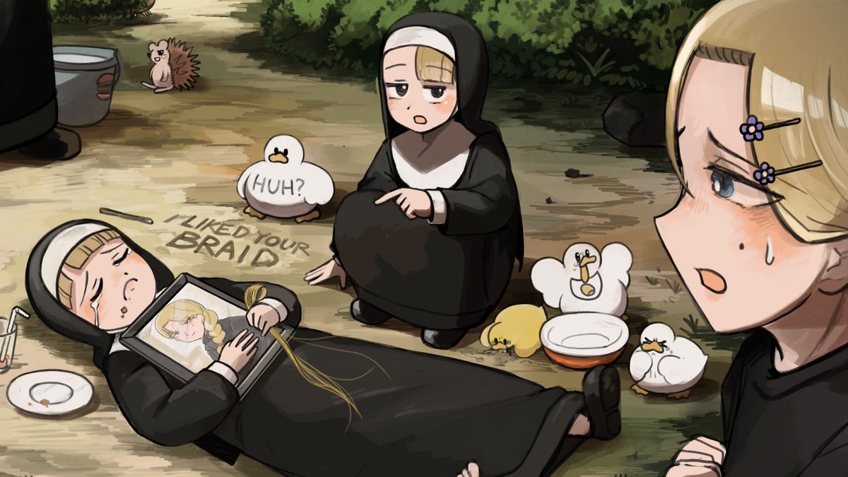 OnatiusR's tweet photo. @hyxpk Spicy Nun: "Your sympathy haircut was misunderstood, Grumpy Nun. Also the ducks go hungry with Clumsy not feeding them."
Grumpy Nun: "Oh, I didn't know... Everything backfires this week." https://t.co/hktsGf0llv