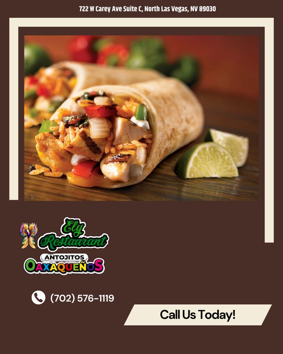 ElyRestaurant's tweet photo. A satisfying burrito can make any meal more enjoyable with every flavorful bite. Our menu includes hearty choices prepared fresh every day. Order your favorite today at (702) 576-1119!
#Burrito
https://t.co/Yuc5bufZvQ https://t.co/9YQc0a2xn6