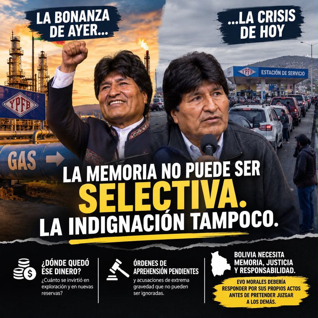 JeanineAnez's tweet photo. La memoria no puede ser selectiva y la indignación tampoco. 

Resulta realmente indignante escuchar a Evo Morales hablar de la crisis económica, de la falta de combustible y de las dificultades que hoy enfrenta Bolivia, como si él fuera un simple espectador de esta realidad. 

¿Ya olvidó que durante sus gobiernos Bolivia recibió una enorme Bonanza económica gracias a los hidrocarburos?

¿Dónde quedó ese dinero? 
¿Cuánto se invirtió realmente en exploración y en nuevas reservas? ¿Por qué no se preparó al país para cuando se acabaran los años de bonanza? 

Hoy Bolivia está pagando las consecuencias de esas decisiones.

Y todavía tiene la desfachatez de salir a dar lecciones de economía y de cuestionar a quienes hoy tienen que enfrentar el desastre que dejaron.

Pero hay algo todavía más grave. 

Evo Morales no es solamente un expresidente cuestionando al gobierno de turno. Es una persona que tiene órdenes de aprehensión pendientes de ejecución y qué, inexplicablemente continúa haciendo política y dando declaraciones como si nada ocurriera. 

Además, enfrenta acusaciones de una gravedad enorme, relacionadas con hechos que, de ser comprobados, constituyen conductas que cualquier sociedad civilizada debe repudiar. 

¿Hasta cuándo se va a permitir que una persona con procesos órdenes de aprehensión pendientes  siga actuando con absoluta impunidad? 

No se puede entender que alguien que dejó al país con enormes problemas económicos, que no asumió oportunamente las decisiones necesarias para garantizar nuestras reservas de hidrocarburos y que hoy pretende aparecer como salvador, tenga todavía la audacia de dar lecciones. 

Bolivia necesita memoria justicia y responsabilidad.

Y Evo Morales debería empezar por responder por sus propios actos antes de pretender juzgar a los demás.