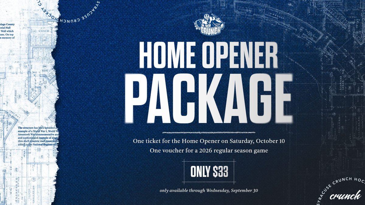 SyracuseCrunch's tweet photo. Hockey is back in Downtown Syracuse on October 10! 👊

Get a ticket for the Home Opener and a voucher for another 2026 home game for just $33.

This deal is only available through September 30.

🎟️: https://t.co/3PCifr13Kd https://t.co/o0bzBB85vh