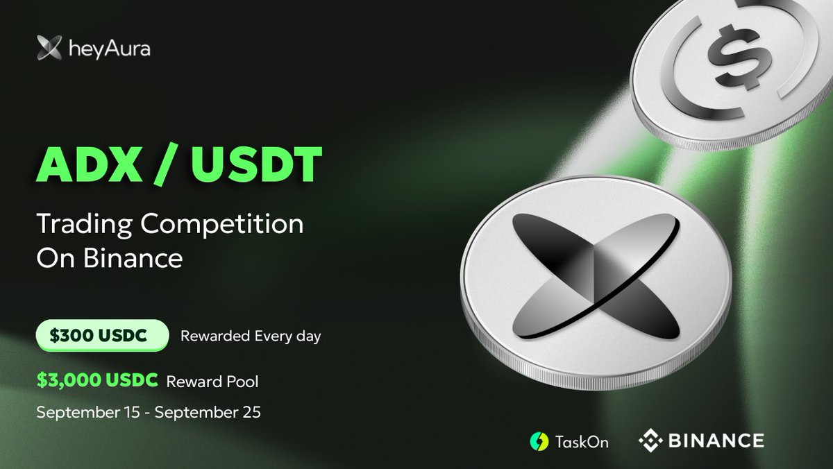heyaura's tweet photo. The new $ADX trading competition on @taskonxyz is live.

Trade the $ADX / $USDT pair on Binance and compete for $3,000 USDC, with $300 being distributed each day.

The event will take place from September 15 to September 25.

Start trading now:
Details→ https://t.co/x1PZIhboBd https://t.co/mZG0Lo0VWf