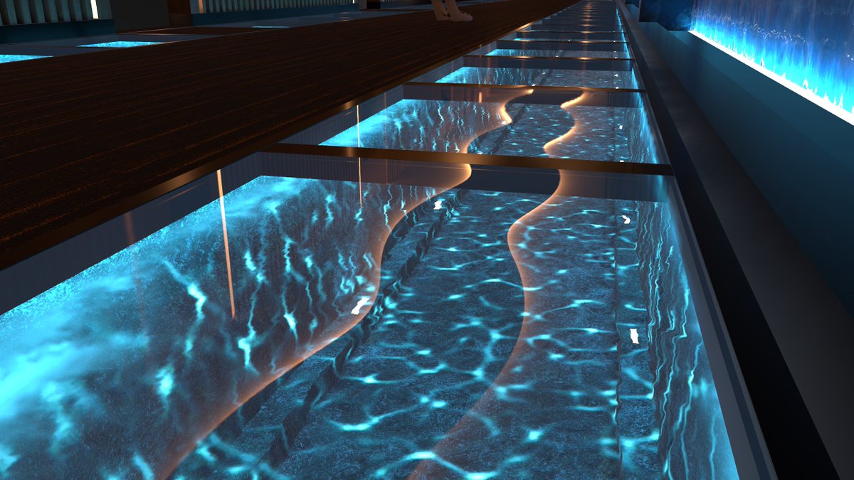 MyroDev's tweet photo. Day 5~6 : Mostly done. I added water, and used Mochie's water shader for caustics.
Added a little art installation at the end to not make the end feel empty.
And added LV support, I don't always add LVs, but I think it makes sense here given the more varied lighting conditions.

No post processing added yet.
