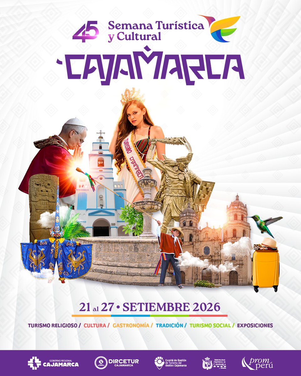 InformateCaj's tweet photo. #Turismo | CAJAMARCA CELEBRA SU 45 SEMANA TURÍSTICA Y CULTURAL 💜✈️

Presentamos el afiche oficial de la "45 Semana Turística y Cultural de Cajamarca", una celebración que nos invita a reencontrarnos con nuestra identidad y descubrir todo lo que hace único a nuestro destino. https://t.co/rl7GjriFCV
