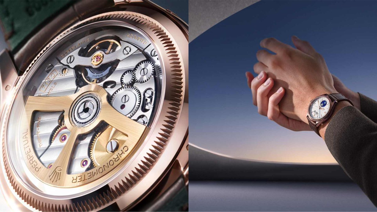 Retrhorlogerie's tweet photo. Rolex relance le triple calendrier phases de lune avec la nouvelle Perpetual Pandellone 🌝🌚

Un boîtier de 39mm embarquant le calibre automatique 7190 indiquant la date, le jour, le mois, et les phases de lune

Prix : or rose - 52 500 CHF / 64 800 CHF 

Platine - 59 000 CHF https://t.co/k84hLgO2Ob
