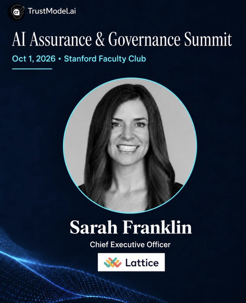 ShriyaTarun09's tweet photo. We look forward to welcoming Sarah Franklin, Chief Executive Officer at Lattice, to share her insights at our AI Assurance &amp; Governance Summit at Stanford on October 1st.

To register or get more details, click here: https://t.co/0dhcBn0KHi https://t.co/mc1JKWPnMY