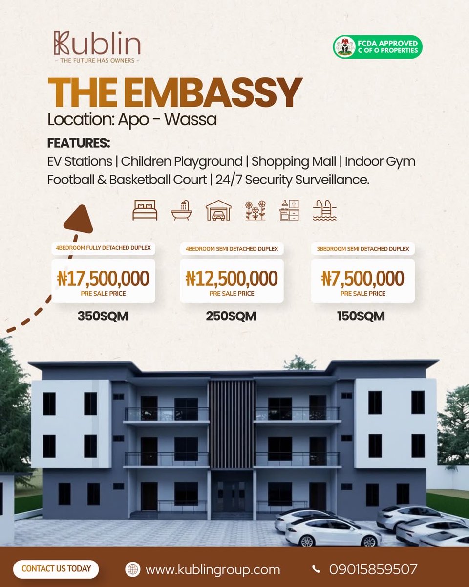 kublingroup's tweet photo. 🏡 THE EMBASSY ESTATE — APO WASSA

Located in the heart of Apo Wassa, The Embassy Estate is now officially available on our listings, with an attractive pre-sale price starting from ₦7,500,000 for 150sqm.

But here’s the part you don’t want to miss… 👀

📈 A 25% price increase takes effect by 30th September.

📞 Contact Kublin Group today to secure your plot.

The future has owners. 🟫

#kublingroup #TheEmbassyEstate #apowassa #AbujaRealEstate #explore