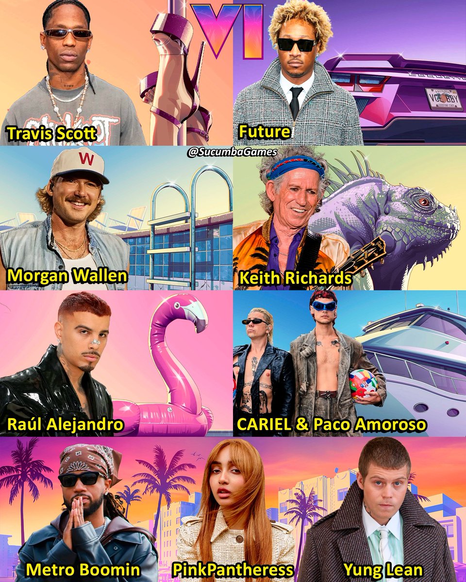 SucumbaGames's tweet photo. Alguns artistas musicais confirmaram sua participação em GTA 6 ao compartilhar novas artes oficiais do jogo marcando a Rockstar Games:

 • Travis Scott
 • Future
 • Morgan Wallen
 • Keith Richards
 • Raúl Alejandro
 • CARIEL & Paco Amoroso

Estes não tiveram novas artes exclusivas, mas repostaram as dos outros para indicar que também farão parte do jogo

 • Metro Boomin
 • PinkPantheress
 • Yung Lean