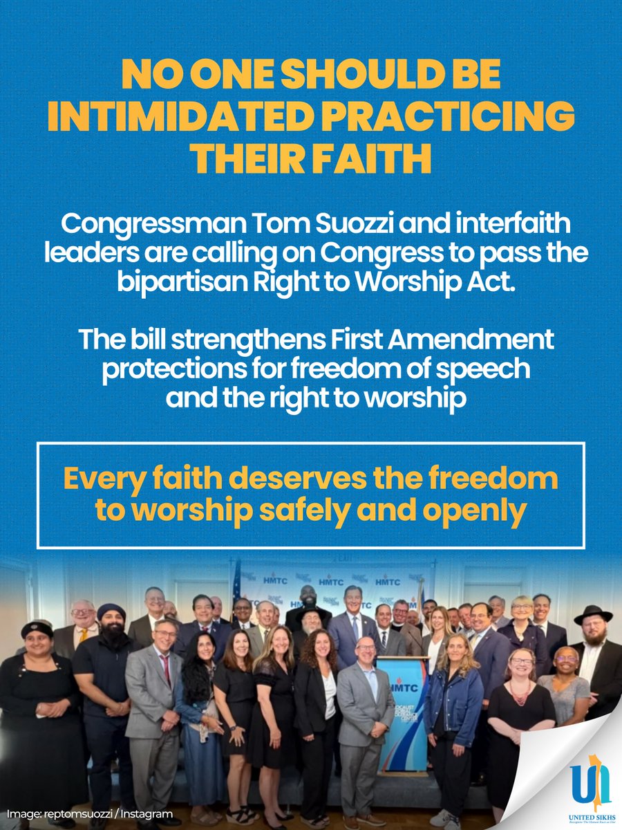 unitedsikhs's tweet photo. On September 9, UNITED SIKHS joined Congressman Tom Suozzi, interfaith leaders, and community organizations in urging Congress to pass the bipartisan Right to Worship Act.

No one should face intimidation or discrimination for practicing their faith.

From gurdwaras to churches, mosques, synagogues, temples, and mandirs, every community deserves the freedom to worship safely and openly.

UNITED SIKHS stands for religious freedom and the right of every person to practice their faith without fear.

#UNITEDSIKHS #RightToWorship #ReligiousFreedom
