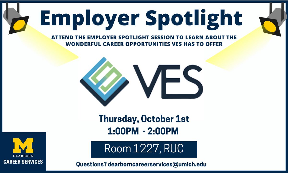 UMDearborn_CS's tweet photo. 🔦 Employer Spotlight: VES
Learn about VES, explore career opportunities, and connect with their team!

📅 Oct. 1 | 1–2 PM
📍 Room 1227, RUC https://t.co/QCrlpa2tX4