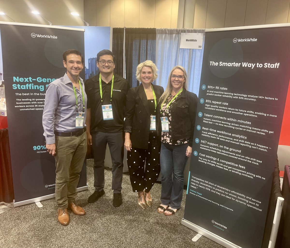 WorkWhileAI's tweet photo. The WorkWhile cast is making logistics look like magic at booth #737 at Parcel Forum. Peak season has everyone short on hands, but we've got that covered. https://t.co/BhSrehNNjM