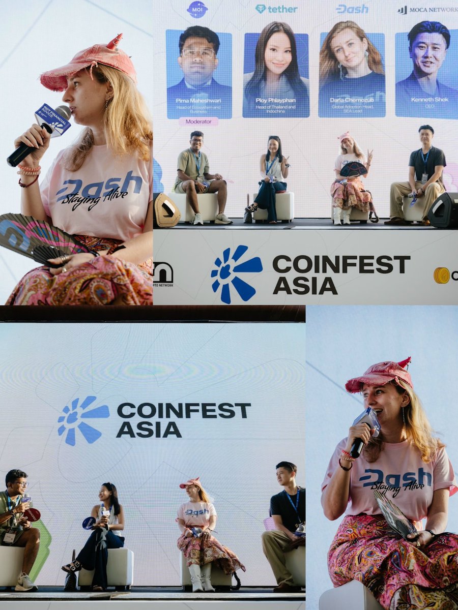 Dashpay's tweet photo. Coinfest Asia in Bali tackled a question that’s only getting louder: what happens to payments when agents, not humans, become the primary users?
Our contributor Dasha joined the panel alongside Tether and Moca Network, moderated by Moi.
Dash: digital cash and a data layer. Long history, eyes on what’s next.
P.S. While our team was running DashCon in Amsterdam, @DariaChernozub was out pushing Dash across Asia 🌏
#Dash #CoinfestAsia @CoinfestAsia
