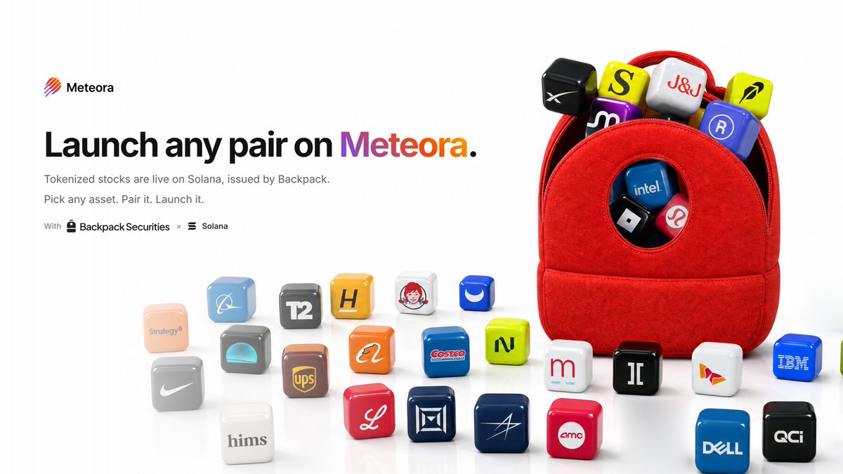 MeteoraAG's tweet photo. Launch tokens paired with tokenized stocks from @BackpackOnchain. 🎒

Pick any asset. Pair it. Launch it.

Now anyone can build new markets around Backpack-issued stocks on @solana, directly on Meteora. https://t.co/RJAoJiiRMY