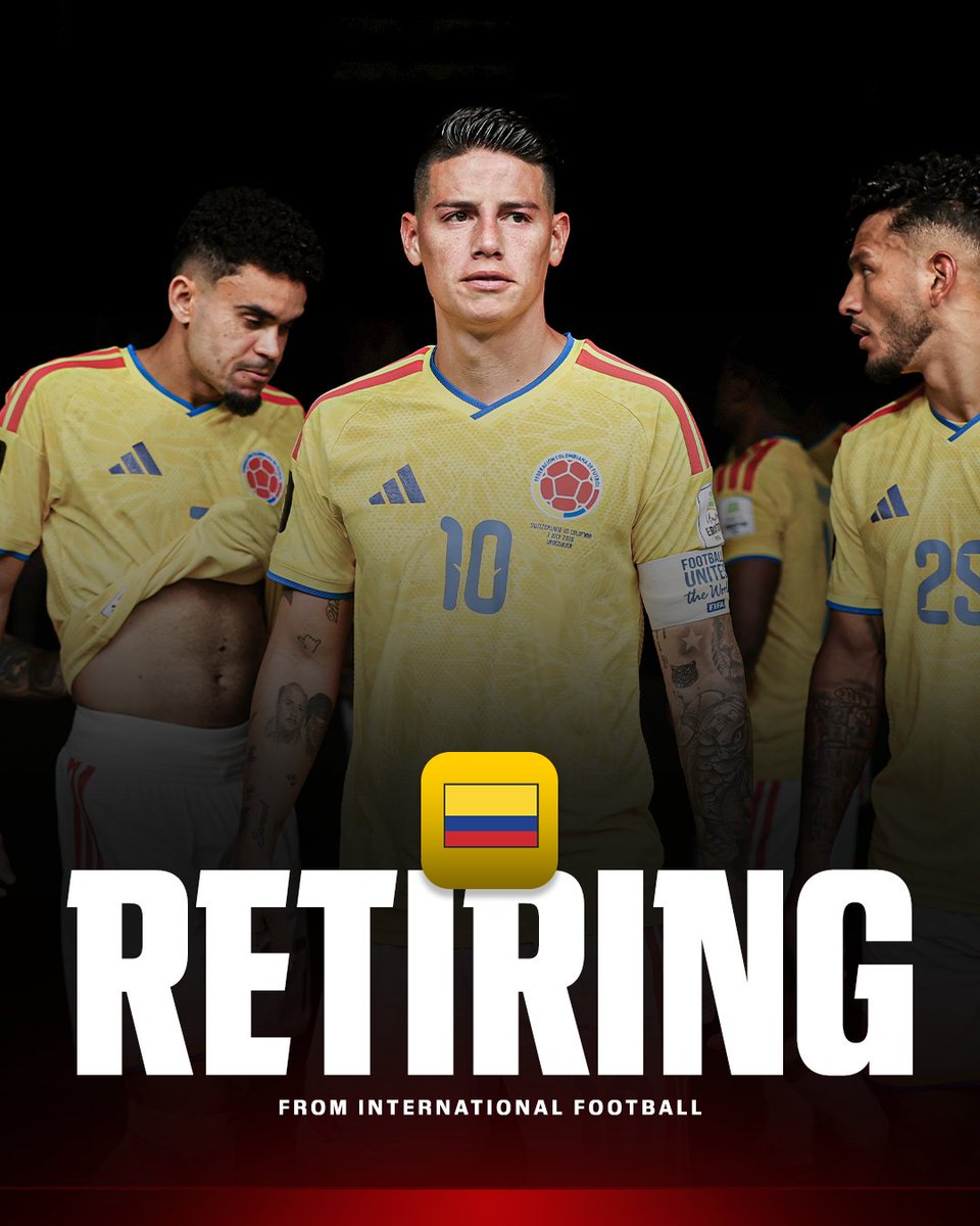ESPNFC's tweet photo. James Rodríguez announces his retirement from the Colombia national team 🇨🇴

A pillar for Colombia on the international stage for so many years. The memories won’t be forgotten 👏🫡 https://t.co/4xbz5bJ3Co