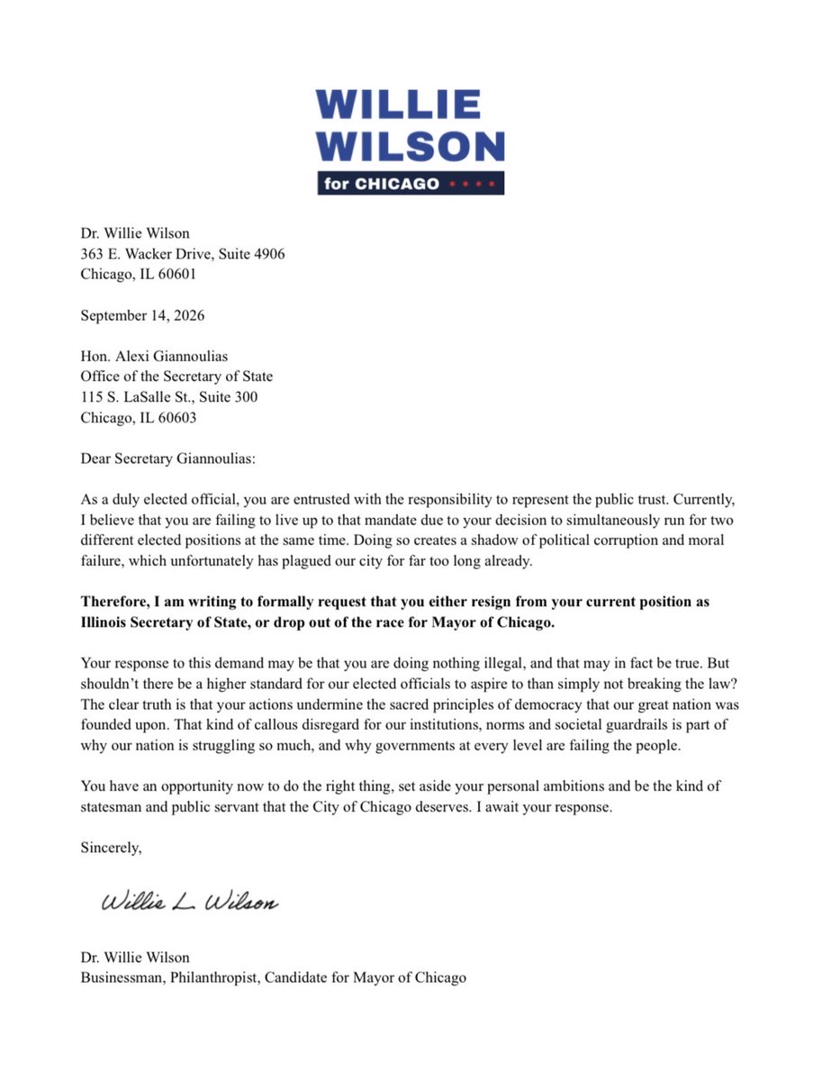 DrWillieWilson's tweet photo. I sent this letter to Alexi Giannoulias demanding he either resign as Secretary of State or drop out of the Mayor race.  The clear truth is that his actions undermine the sacred principles of democracy that our great nation was founded upon. https://t.co/bdkTknbt30