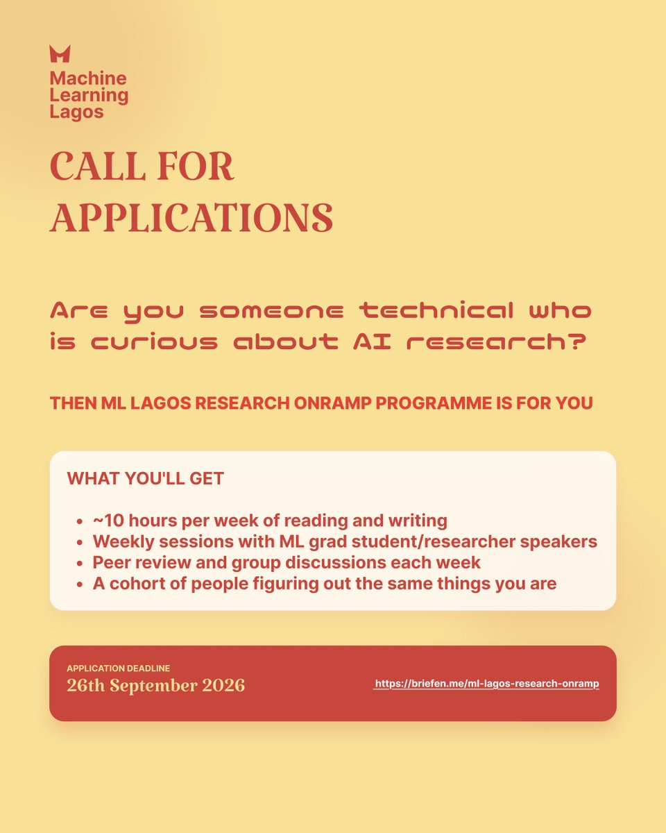 mlinlagos's tweet photo. Curious about AI research but not sure where to start?

The ML Lagos Research Onramp Programme is built for software engineers, students, and technical folks who want to figure out if research is for them.

Apply 👇🏽
https://t.co/BHXRHUqBHz https://t.co/EZRQFUiAys