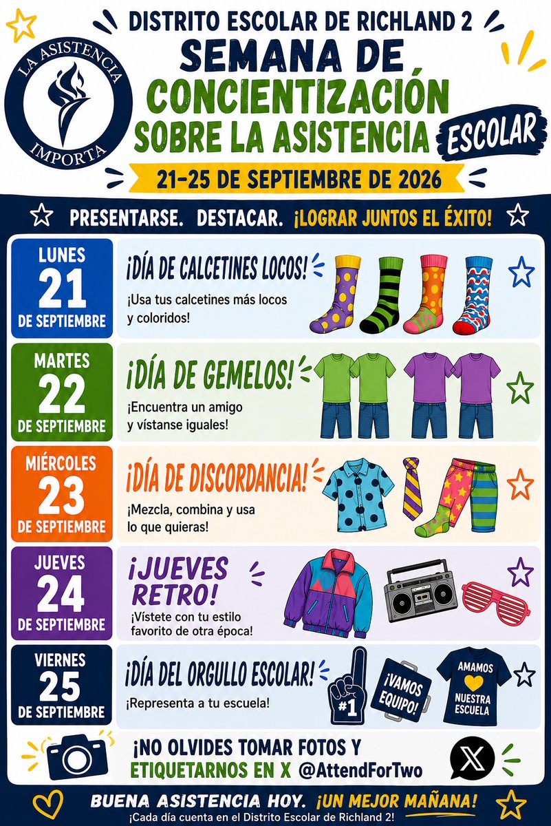 RichlandTwo's tweet photo. 📣📚 ¡Cada día cuenta, Richland Two!
¡Del 21 al 25 de septiembre es la Semana de Concientización sobre la Asistencia! 🎉
Cinco días para celebrar un gran mensaje: ¡estar presente es importante! 💙
¡Digamos presente, demostremos nuestro compromiso y hagamos que cada día cuente!
#LideraLaHistoria
#ConPropósitoYPreparadosParaElFuturo